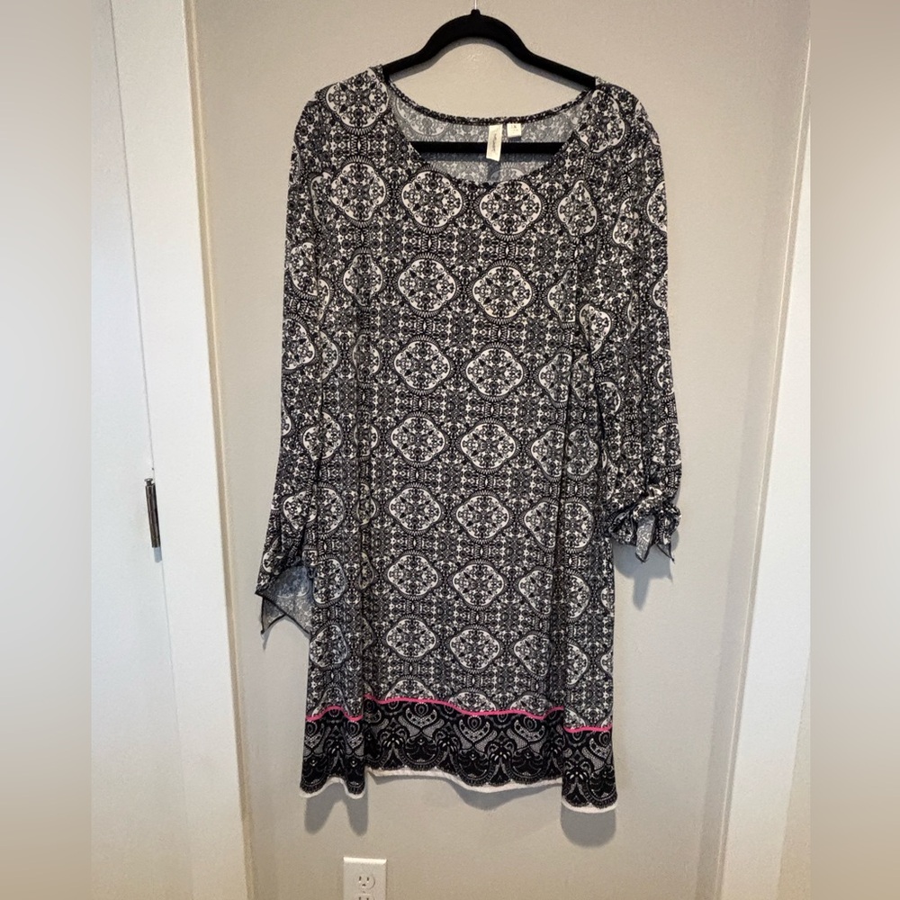 Tacera Black and White Patterned Dress with Pink Accents 042 Sale!